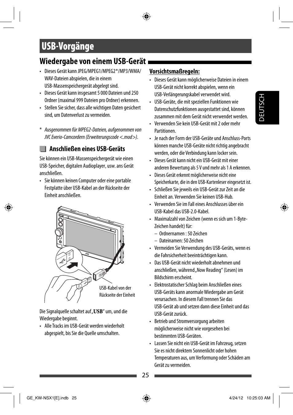 Usb-vorgänge, Wiedergabe von einem usb-gerät, Anschließen eines usb-geräts | JVC KW-NSX1 User Manual | Page 95 / 282