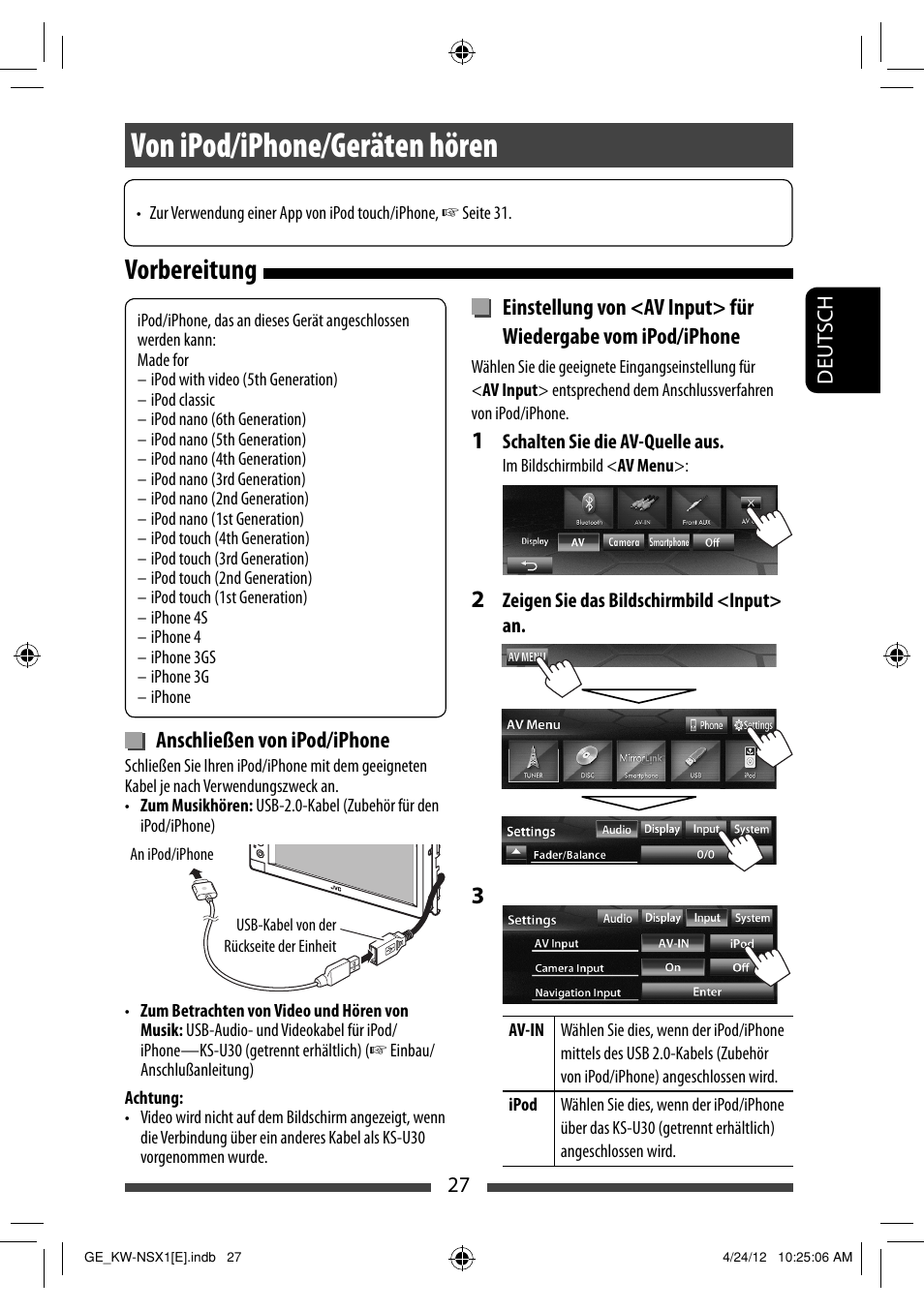 Von ipod/iphone/geräten hören, Vorbereitung | JVC KW-NSX1 User Manual | Page 97 / 282