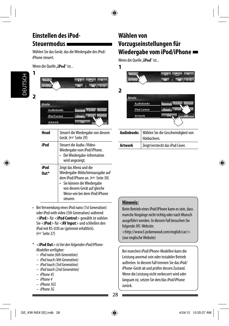 Einstellen des ipod- steuermodus | JVC KW-NSX1 User Manual | Page 98 / 282