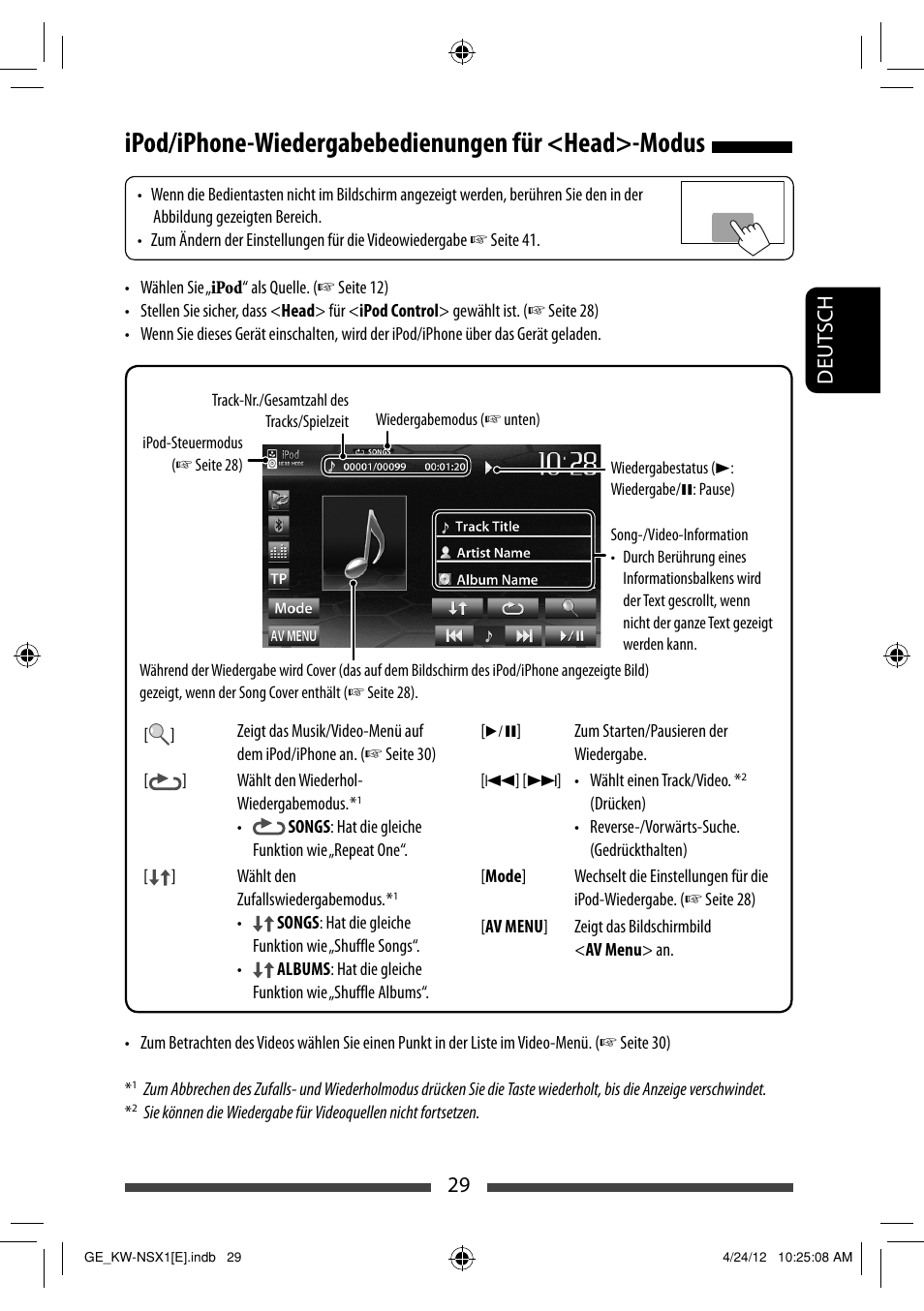 Ipod/iphone-wiedergabebedienungen für <head>-modus, 29 deut sch | JVC KW-NSX1 User Manual | Page 99 / 282