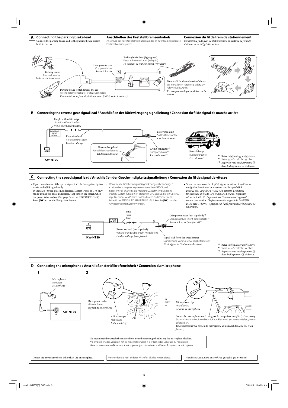 Connecting the parking brake lead, Connecting the reverse gear signal lead, Connecting the speed signal lead | Connecting the microphone, Bd c | JVC KW-NT30 User Manual | Page 5 / 6
