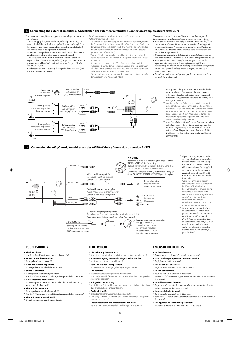 Connecting the external amplifiers, Connecting the av i/o cord, Troubleshooting | Fehlersuche, En cas de difficultes | JVC KW-NT30 User Manual | Page 6 / 6