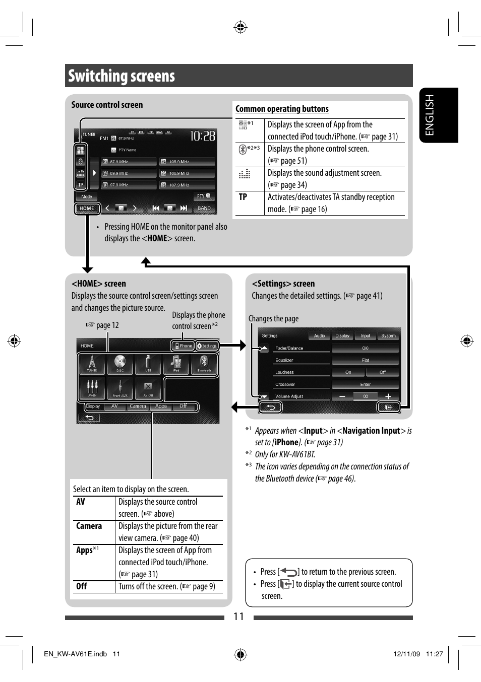 Switching screens, 11 english | JVC KW-AV61BT User Manual | Page 11 / 277