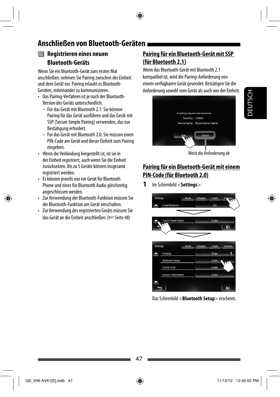 Anschließen von bluetooth-geräten, Registrieren eines neuen bluetooth-geräts | JVC KW-AV61BT User Manual | Page 115 / 277