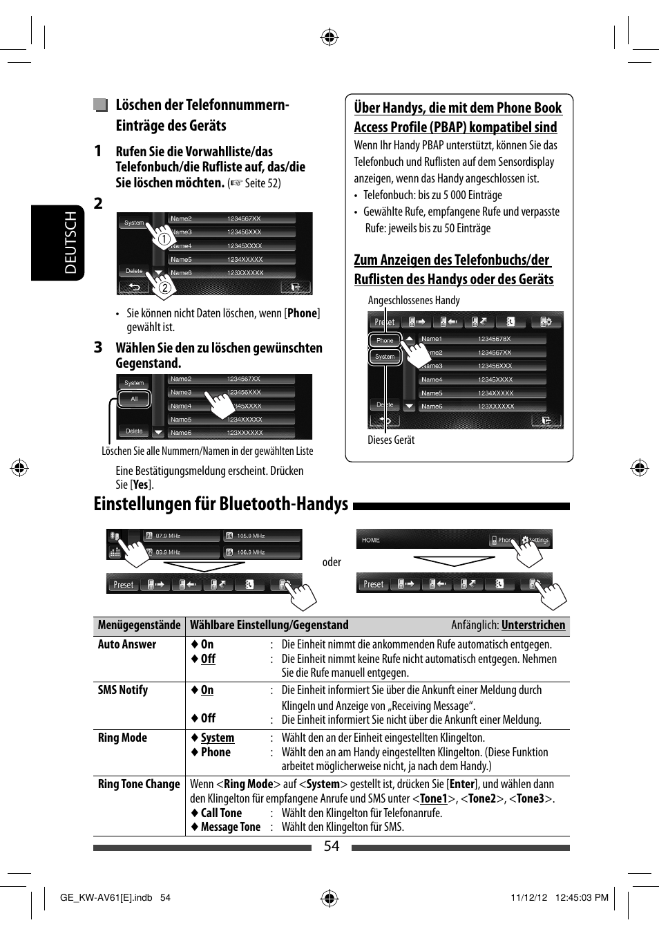 Einstellungen für bluetooth-handys, Löschen der telefonnummern- einträge des geräts | JVC KW-AV61BT User Manual | Page 122 / 277