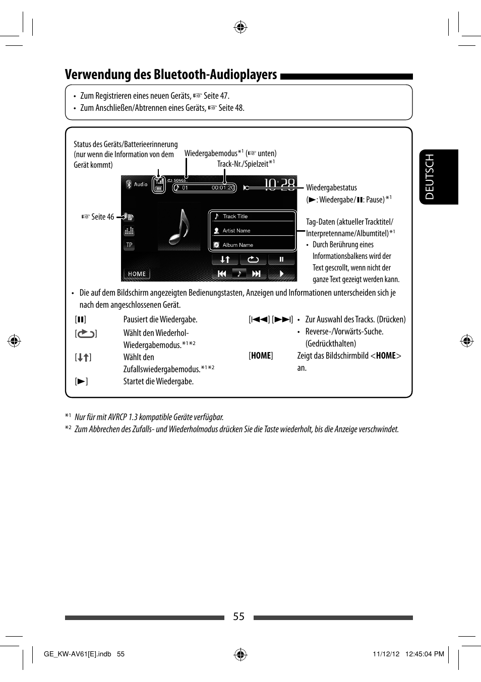 Verwendung des bluetooth-audioplayers, 55 deut sch | JVC KW-AV61BT User Manual | Page 123 / 277