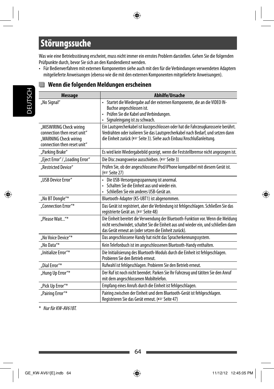 Störungssuche, Wenn die folgenden meldungen erscheinen | JVC KW-AV61BT User Manual | Page 132 / 277