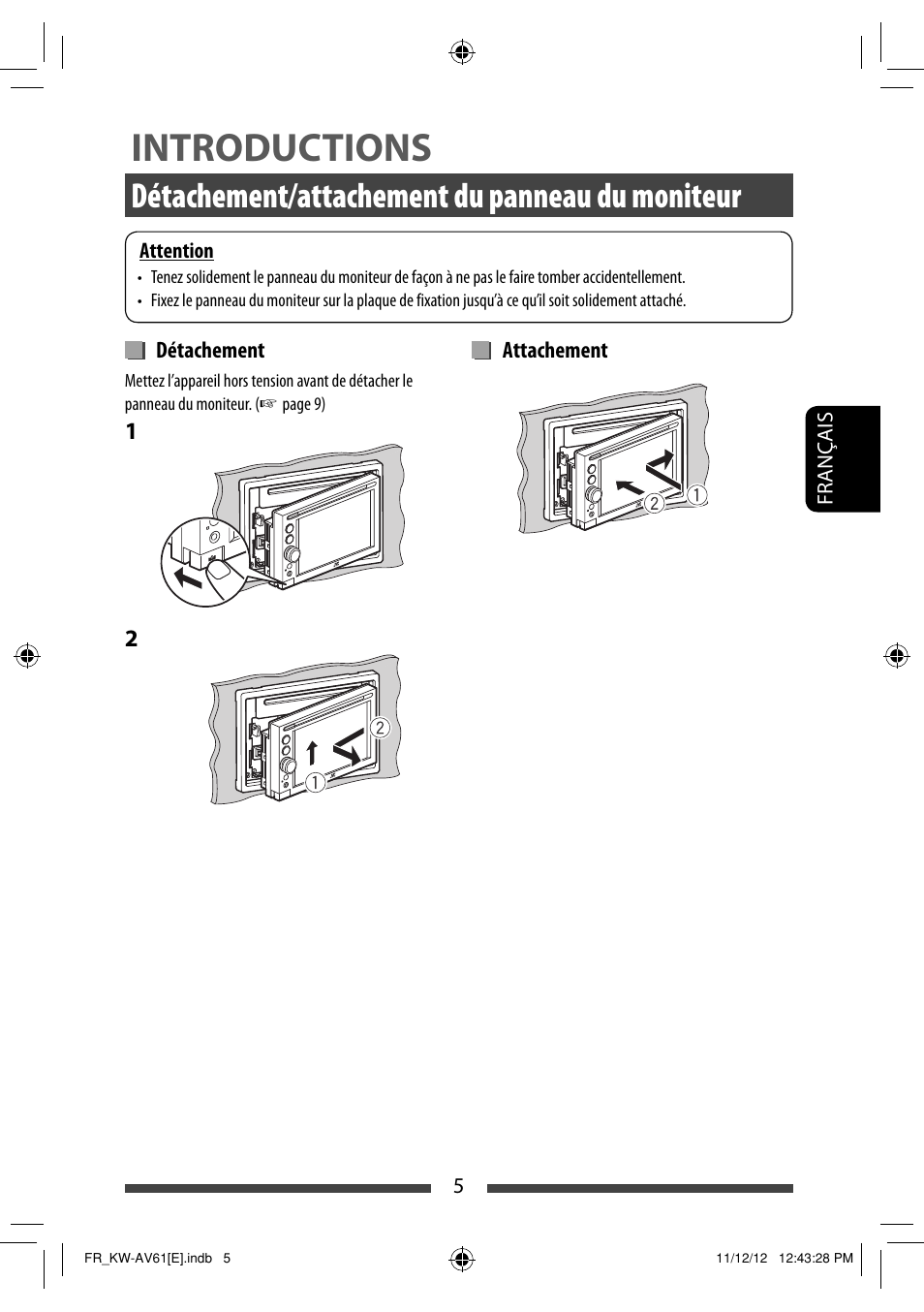 Introductions, Détachement/attachement du panneau du moniteur | JVC KW-AV61BT User Manual | Page 141 / 277