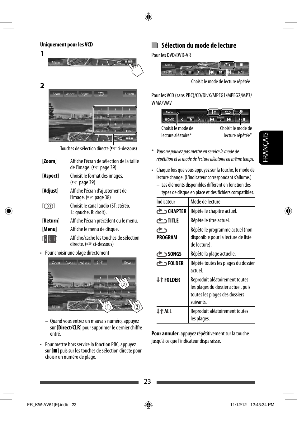 Sélection du mode de lecture | JVC KW-AV61BT User Manual | Page 159 / 277