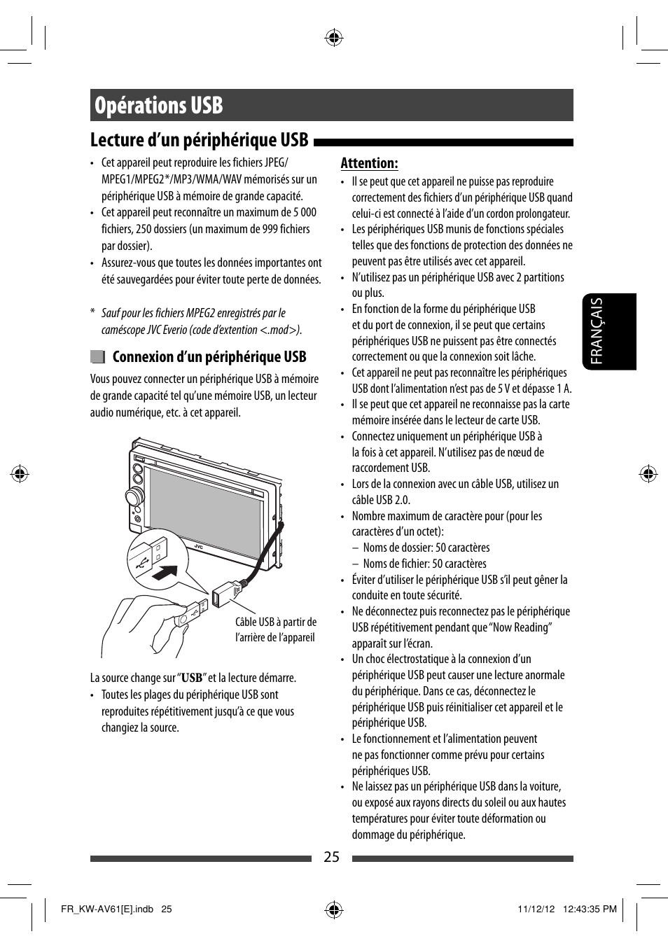 Opérations usb, Lecture d’un périphérique usb, Connexion d’un périphérique usb | JVC KW-AV61BT User Manual | Page 161 / 277