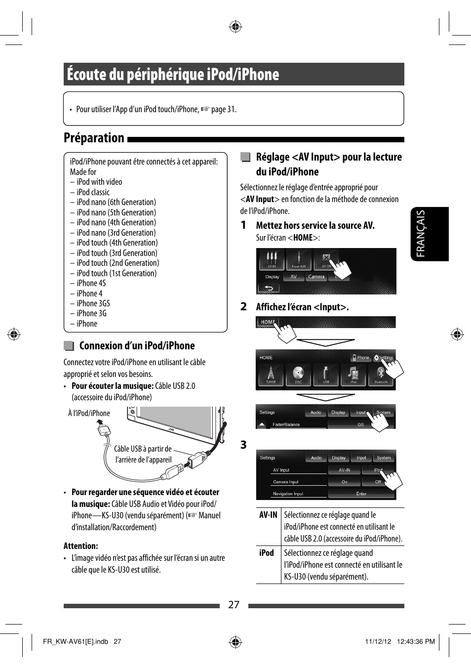 Écoute du périphérique ipod/iphone, Préparation | JVC KW-AV61BT User Manual | Page 163 / 277