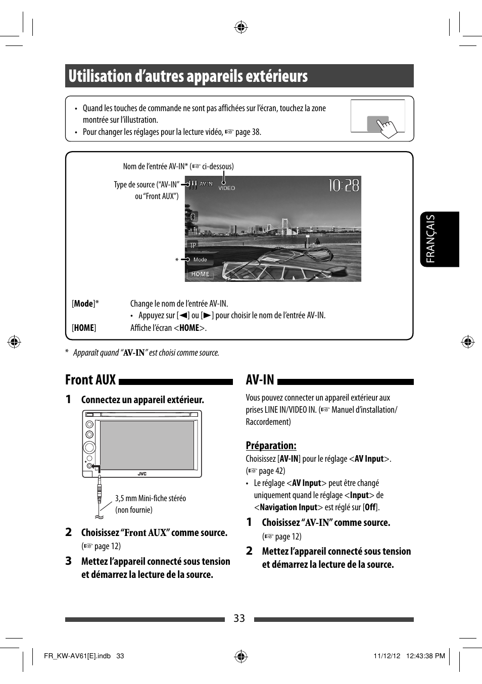 Utilisation d’autres appareils extérieurs, Av-in front aux | JVC KW-AV61BT User Manual | Page 169 / 277