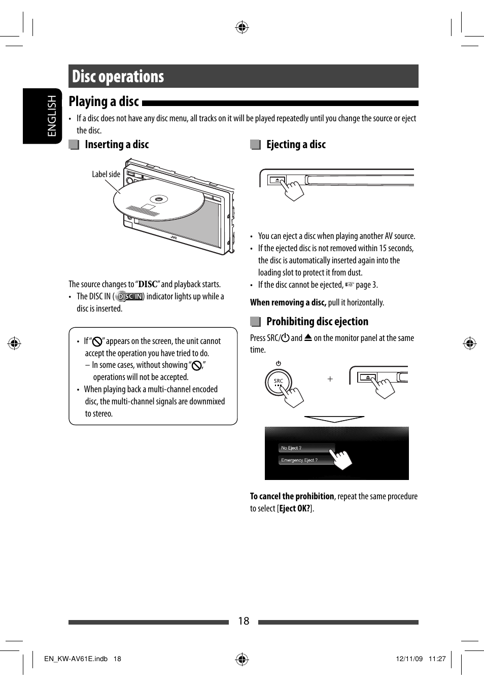 Disc operations, Playing a disc, Ejecting a disc | Prohibiting disc ejection, Inserting a disc | JVC KW-AV61BT User Manual | Page 18 / 277