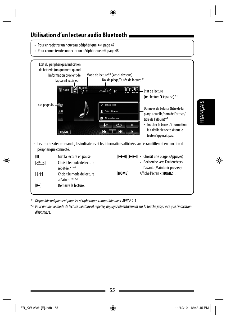 Utilisation d’un lecteur audio bluetooth, 55 français | JVC KW-AV61BT User Manual | Page 191 / 277