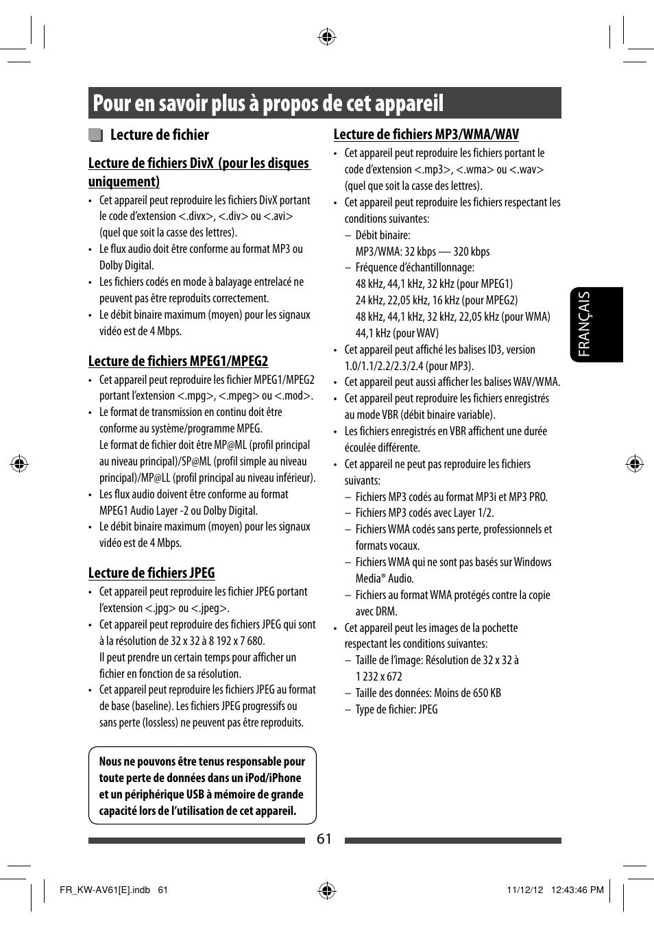 Pour en savoir plus à propos de cet appareil, Lecture de fichier | JVC KW-AV61BT User Manual | Page 197 / 277