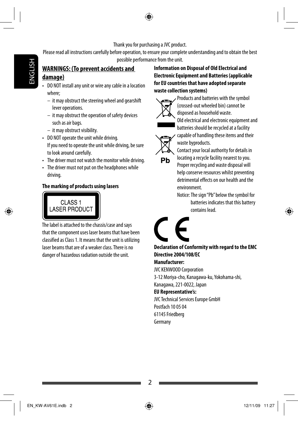 2english, Warnings: (to prevent accidents and damage) | JVC KW-AV61BT User Manual | Page 2 / 277