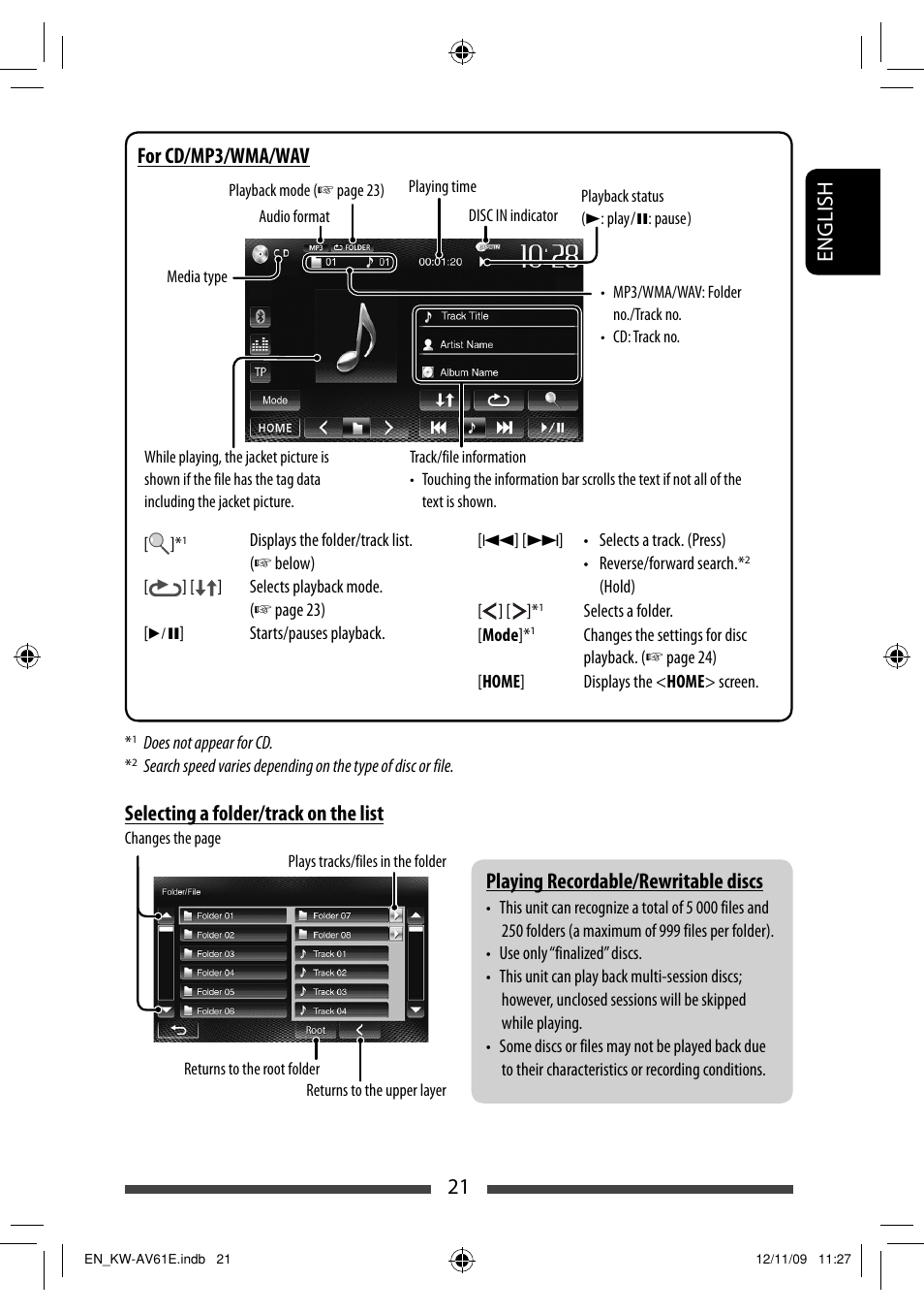 21 english playing recordable/rewritable discs, Selecting a folder/track on the list, For cd/mp3/wma/wav | JVC KW-AV61BT User Manual | Page 21 / 277