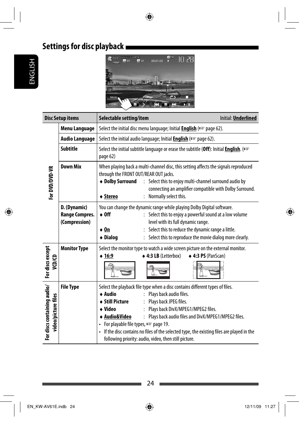 Settings for disc playback | JVC KW-AV61BT User Manual | Page 24 / 277