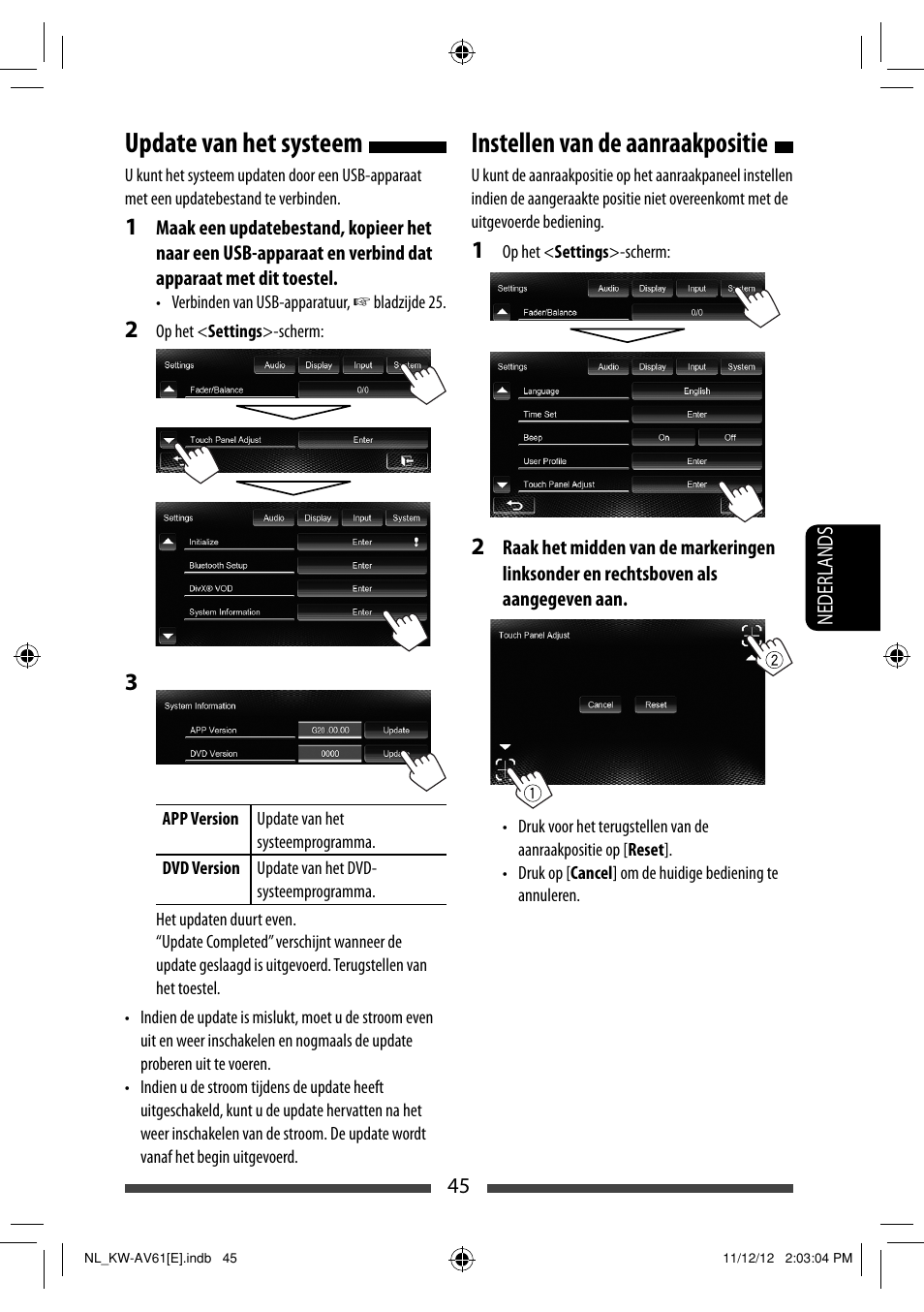 Instellen van de aanraakpositie, Update van het systeem | JVC KW-AV61BT User Manual | Page 249 / 277