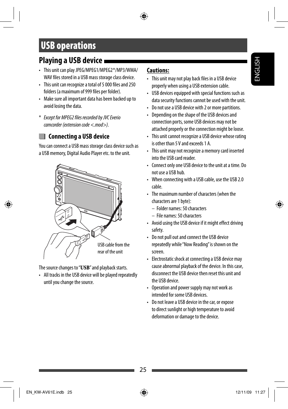 Usb operations, Playing a usb device, Connecting a usb device | JVC KW-AV61BT User Manual | Page 25 / 277