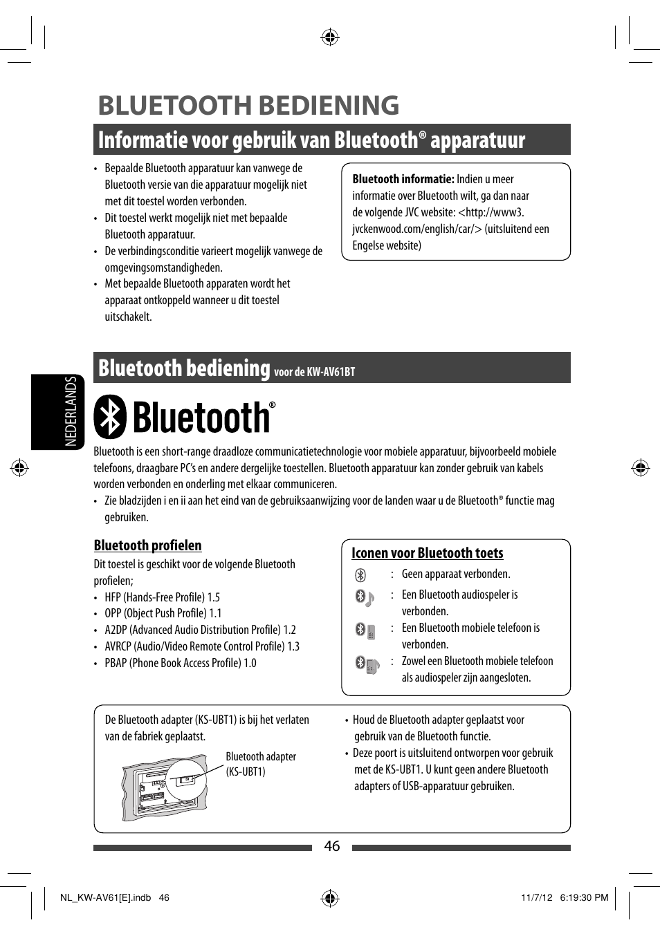 Bluetooth bediening, Informatie voor gebruik van bluetooth® apparatuur | JVC KW-AV61BT User Manual | Page 250 / 277