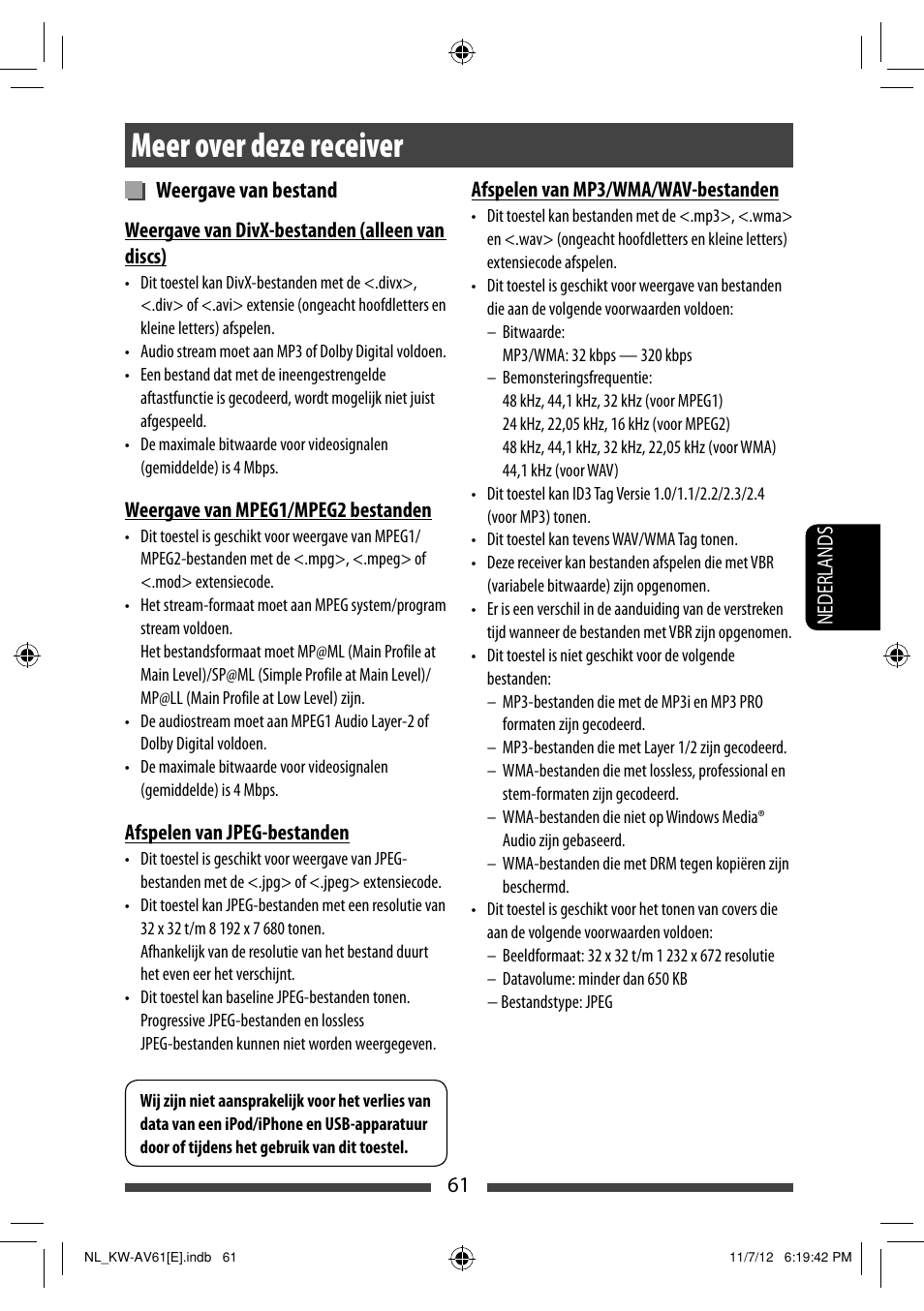 Meer over deze receiver, Weergave van bestand | JVC KW-AV61BT User Manual | Page 265 / 277