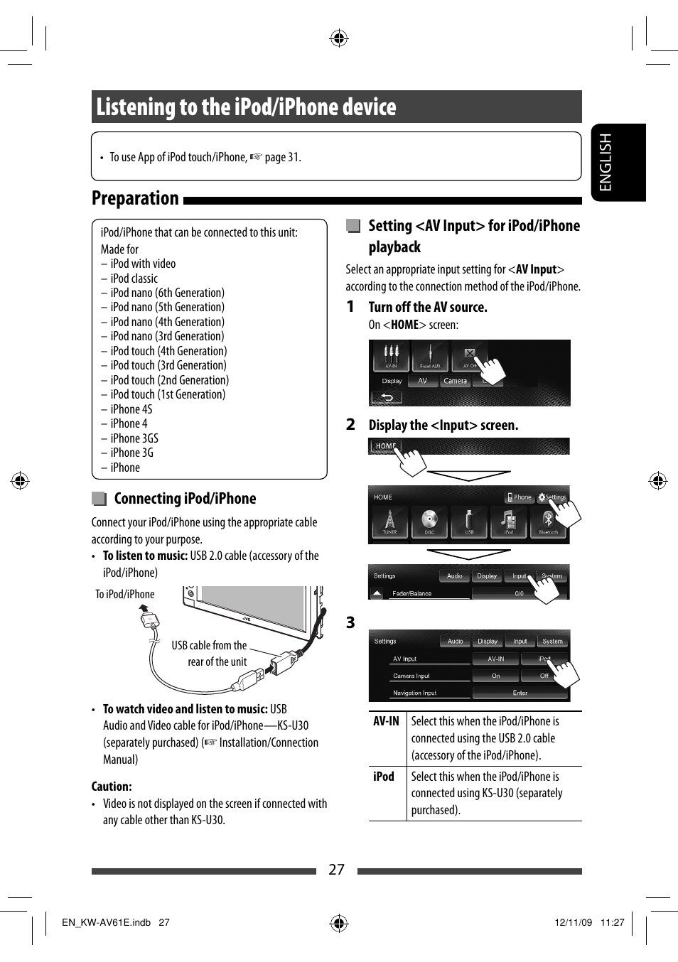 Listening to the ipod/iphone device, Preparation | JVC KW-AV61BT User Manual | Page 27 / 277