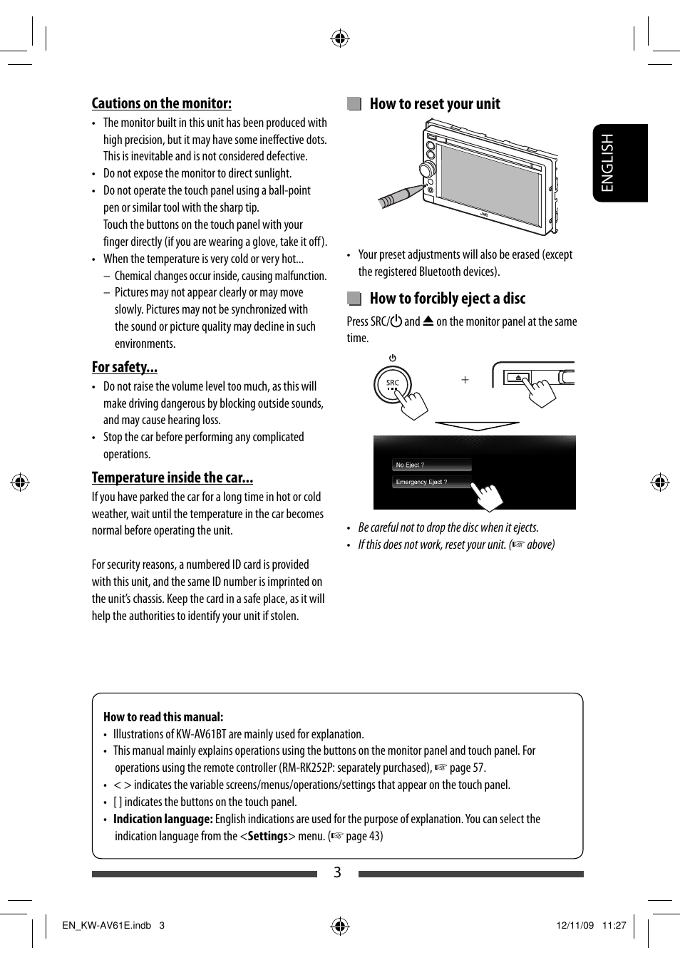 How to reset your unit, How to forcibly eject a disc | JVC KW-AV61BT User Manual | Page 3 / 277