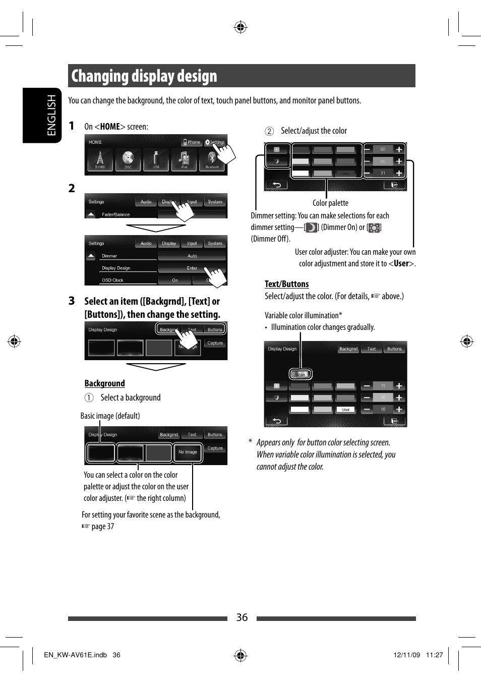 Changing display design | JVC KW-AV61BT User Manual | Page 36 / 277