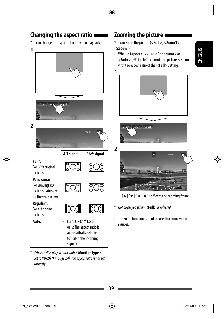 Changing the aspect ratio, Zooming the picture | JVC KW-AV61BT User Manual | Page 39 / 277