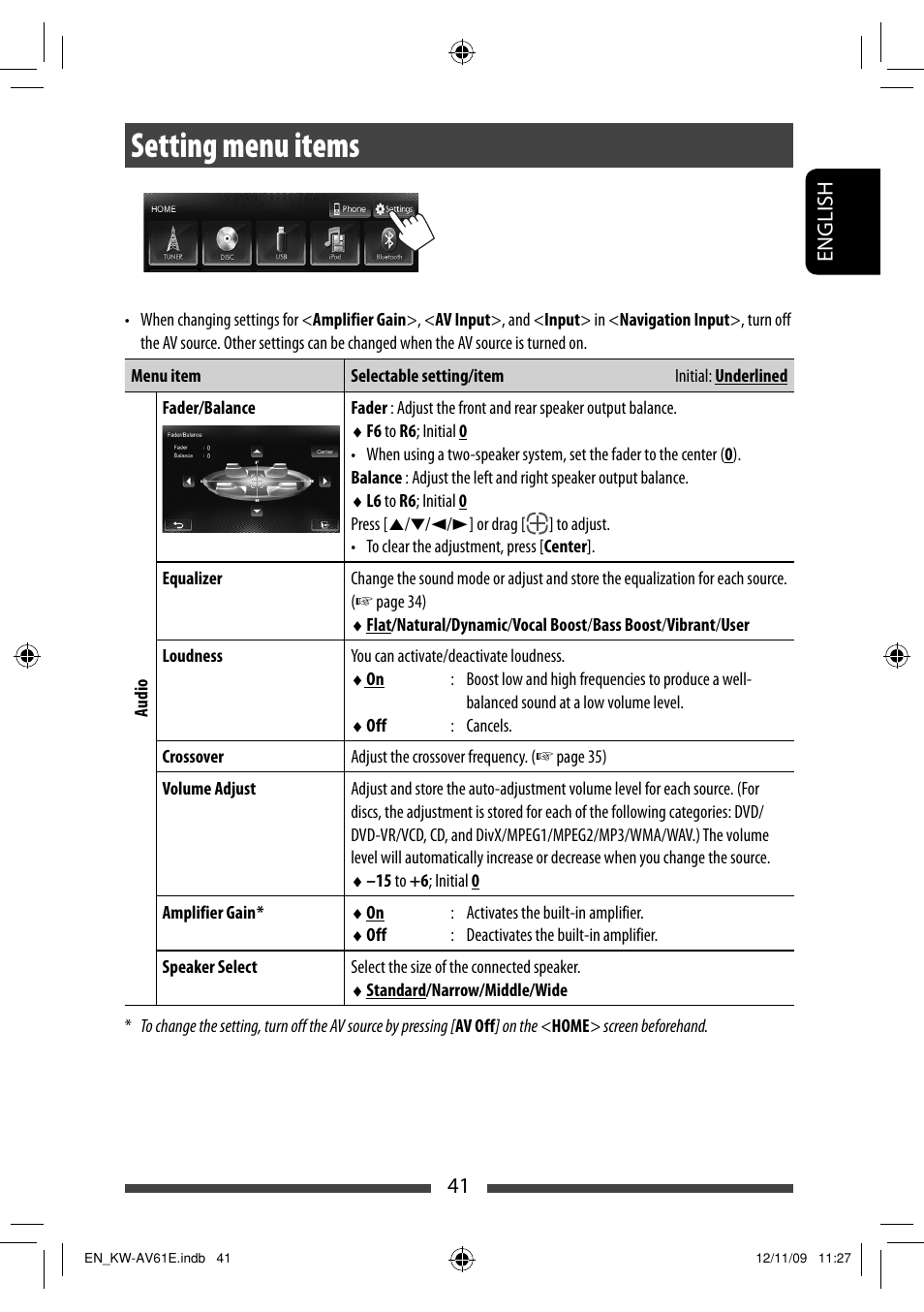 Setting menu items | JVC KW-AV61BT User Manual | Page 41 / 277