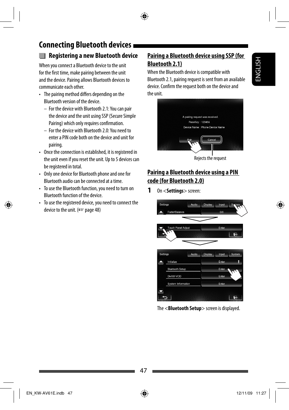 Connecting bluetooth devices, Registering a new bluetooth device | JVC KW-AV61BT User Manual | Page 47 / 277