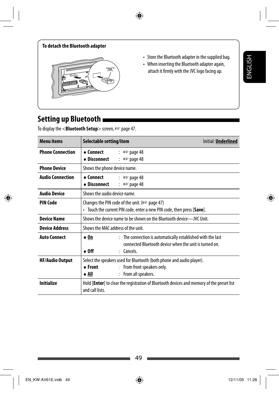 Setting up bluetooth | JVC KW-AV61BT User Manual | Page 49 / 277