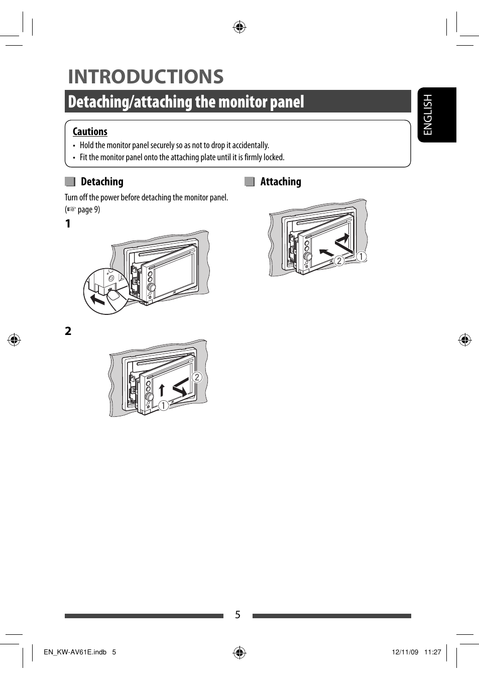 Introductions, Detaching/attaching the monitor panel | JVC KW-AV61BT User Manual | Page 5 / 277