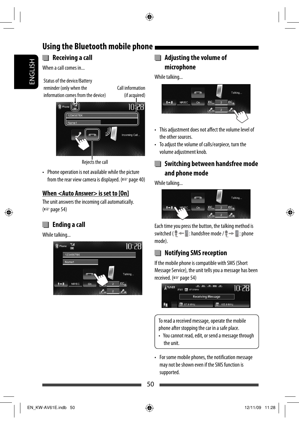 Using the bluetooth mobile phone, Receiving a call, Ending a call | Adjusting the volume of microphone, Switching between handsfree mode and phone mode, Notifying sms reception | JVC KW-AV61BT User Manual | Page 50 / 277