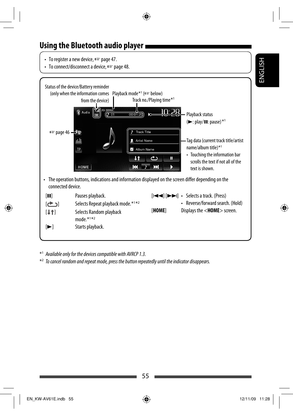 Using the bluetooth audio player, 55 english | JVC KW-AV61BT User Manual | Page 55 / 277