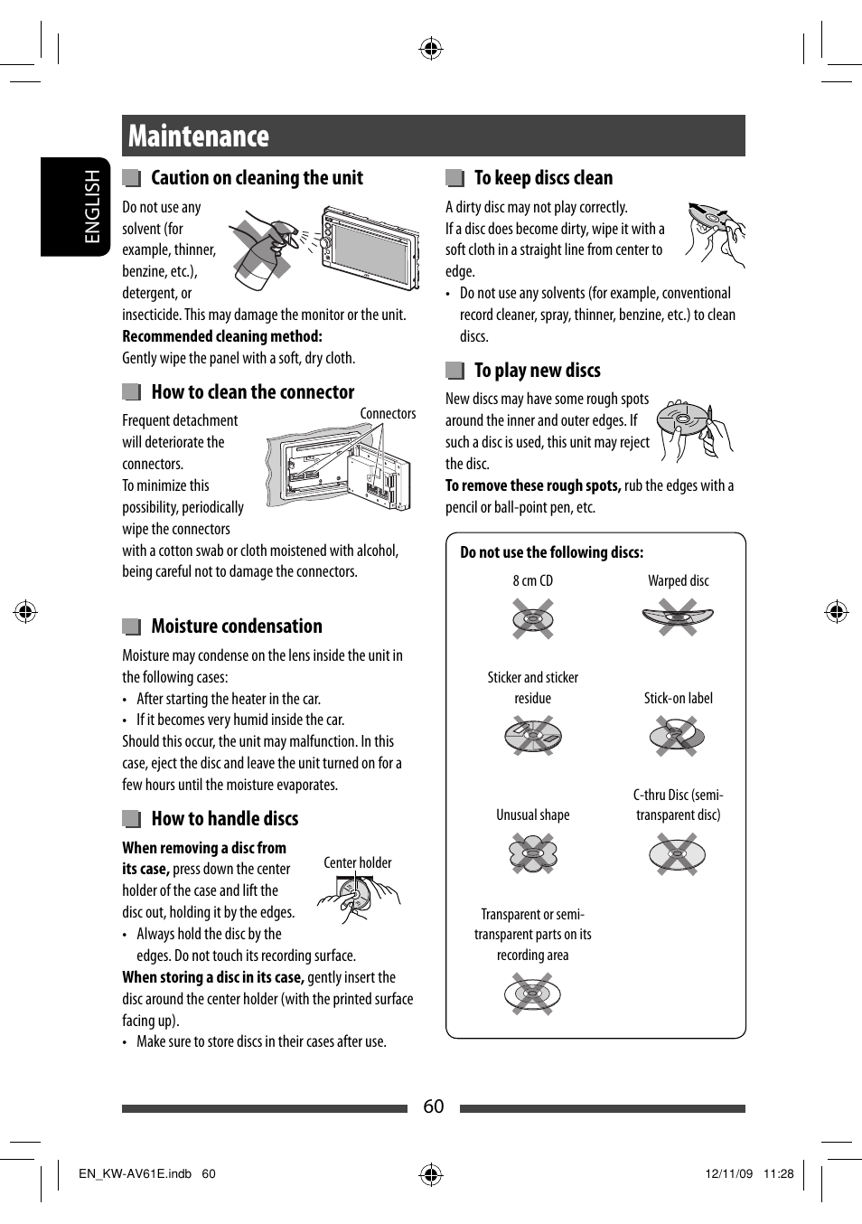 Maintenance, Caution on cleaning the unit, How to clean the connector | Moisture condensation, How to handle discs | JVC KW-AV61BT User Manual | Page 60 / 277