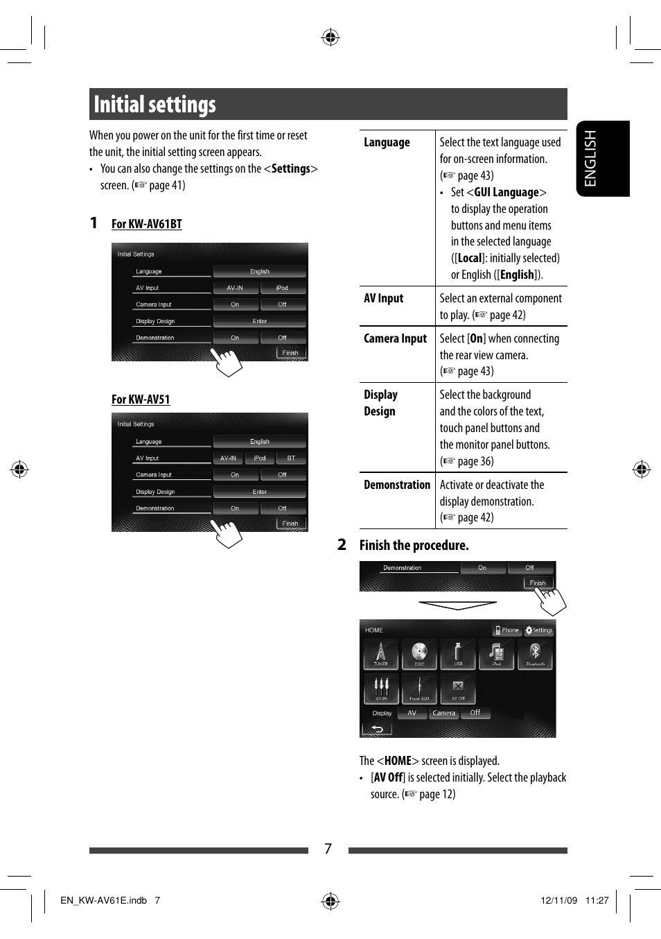 Initial settings | JVC KW-AV61BT User Manual | Page 7 / 277