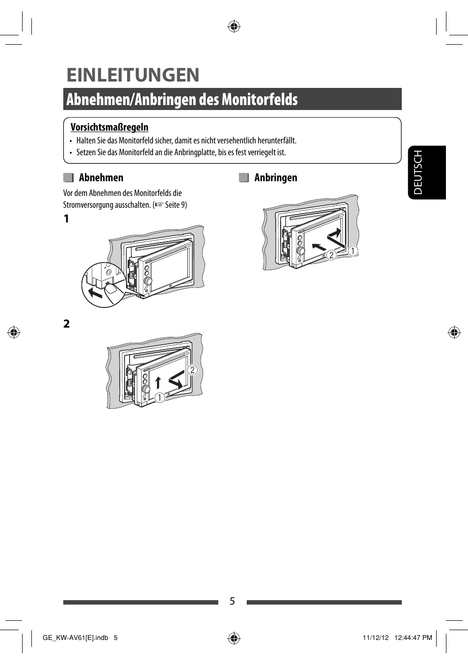 Einleitungen, Abnehmen/anbringen des monitorfelds | JVC KW-AV61BT User Manual | Page 73 / 277