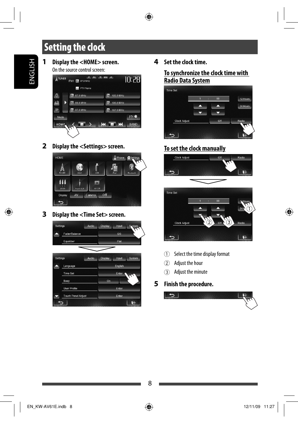 Setting the clock | JVC KW-AV61BT User Manual | Page 8 / 277