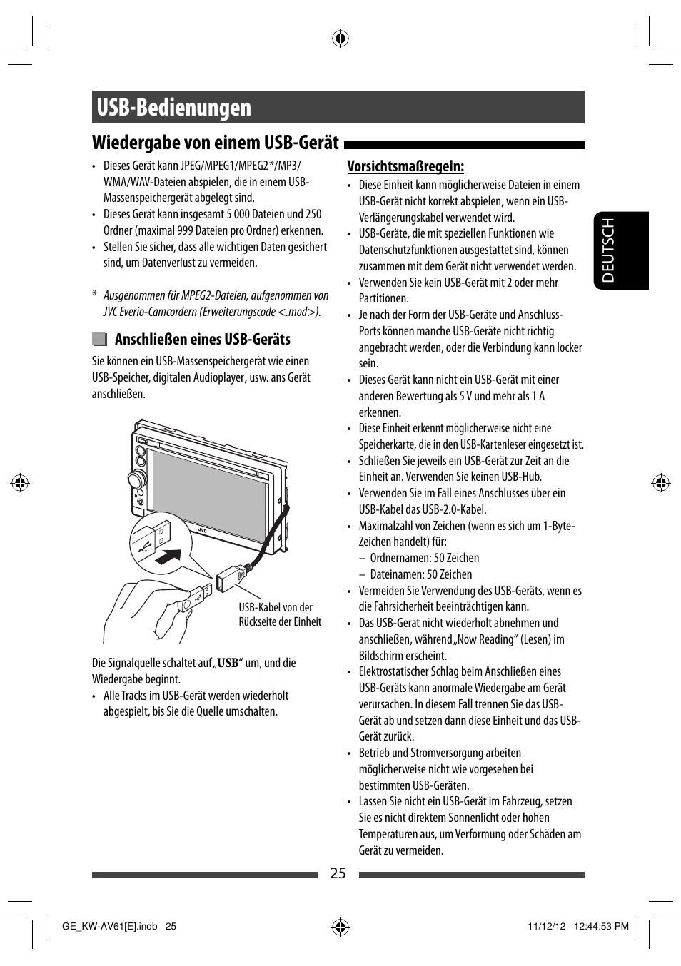 Usb-bedienungen, Wiedergabe von einem usb-gerät, Anschließen eines usb-geräts | JVC KW-AV61BT User Manual | Page 93 / 277