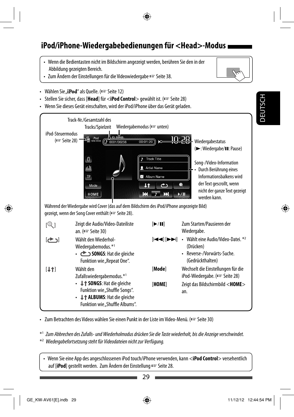 Ipod/iphone-wiedergabebedienungen für <head>-modus, 29 deut sch | JVC KW-AV61BT User Manual | Page 97 / 277