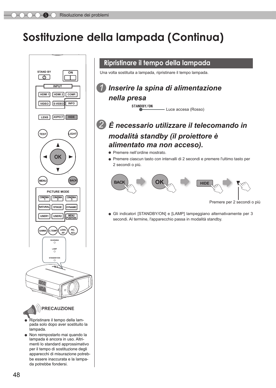 Ripristinare il tempo della lampada, Sostituzione della lampada (continua), Inserire la spina di alimentazione nella presa | JVC DLA-HD550 User Manual | Page 106 / 175