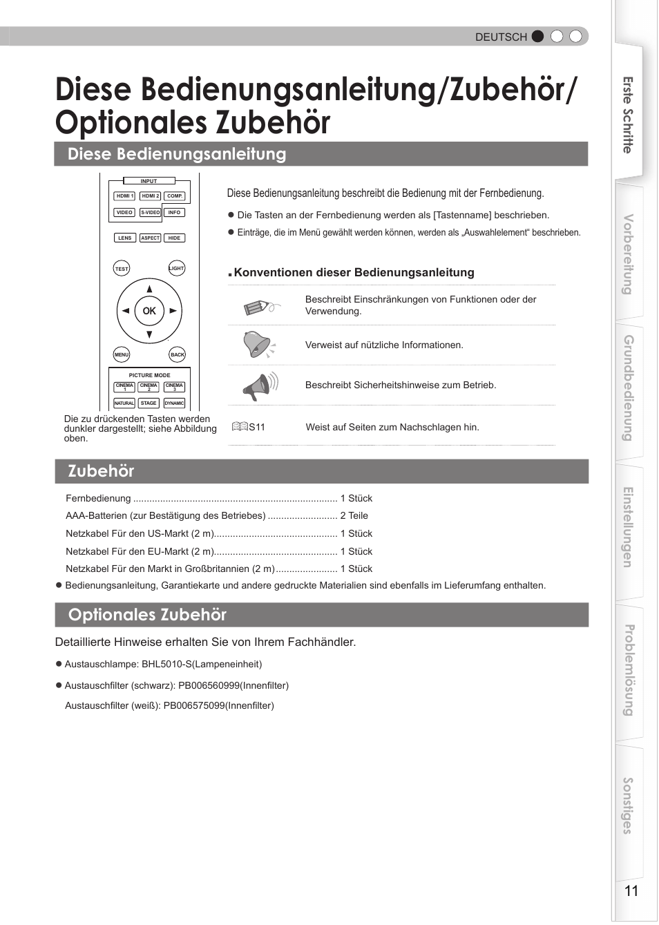 Diese bedienungsanleitung, Zubehör, Optionales zubehör | Diese bedienungsanleitung/zubehör | JVC DLA-HD550 User Manual | Page 11 / 175