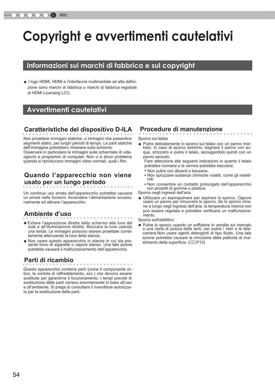 Copyright e avvertimenti cautelativi, Avvertimenti cautelativi, Informazioni sui marchi di fabbrica e sul | Copyright avvertimenti cautelativi, Necessario utilizzarlo normalmente, P54) | JVC DLA-HD550 User Manual | Page 112 / 175