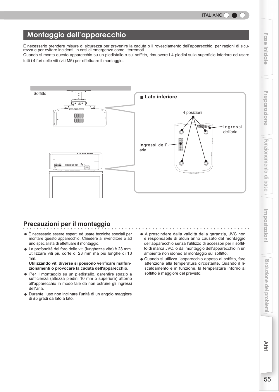 Montaggio dell’apparecchio, Montaggio dell'apparecchio, Precauzioni per il montaggio | JVC DLA-HD550 User Manual | Page 113 / 175