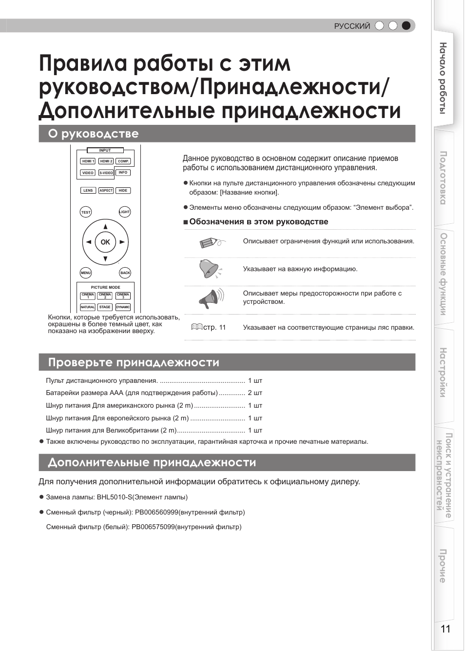 О руководстве, Проверьте принадлежности, Дополнительные принадлежности | Правила работы с этим, Руководством/принадлежности | JVC DLA-HD550 User Manual | Page 127 / 175