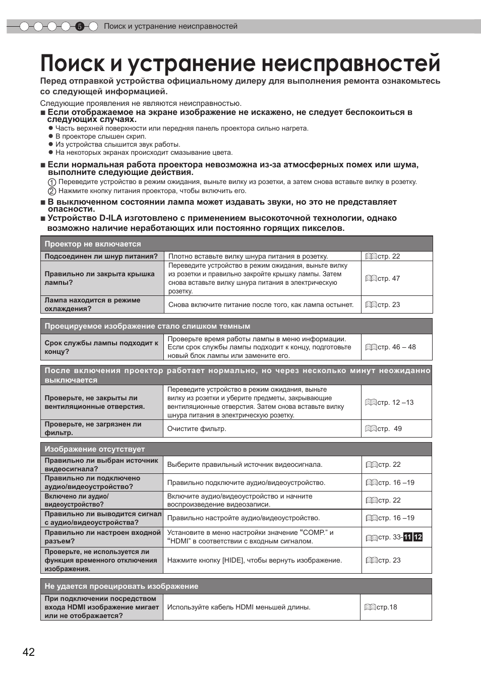 Поиск и устранение неисправностей, Поиск и устранение, Неисправностей | JVC DLA-HD550 User Manual | Page 158 / 175