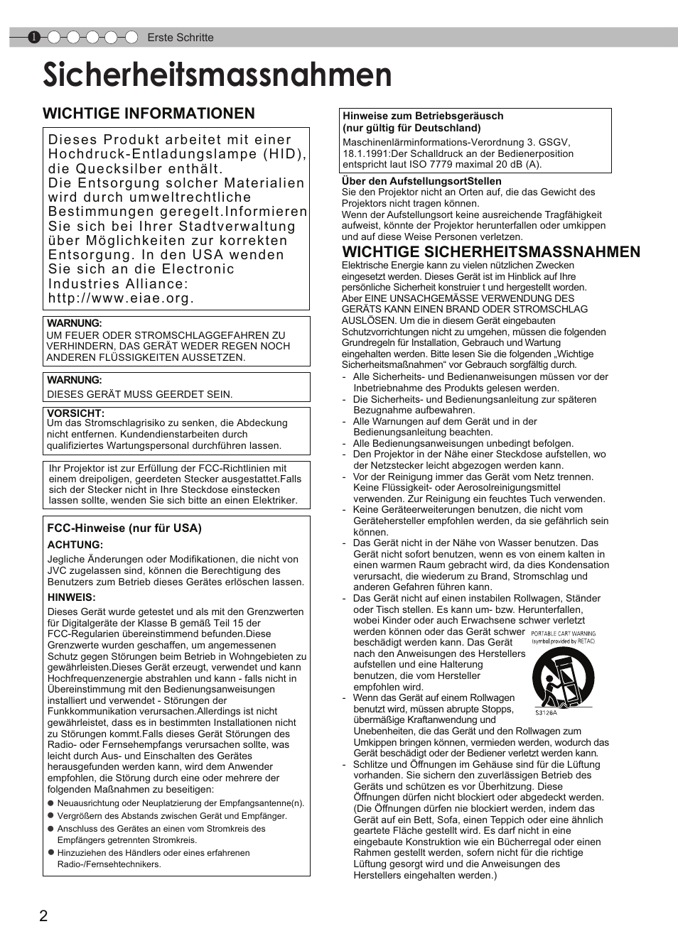 Erste schritte, Sicherheitsmassnahmen, Sicherheitsmassnahme n | JVC DLA-HD550 User Manual | Page 2 / 175