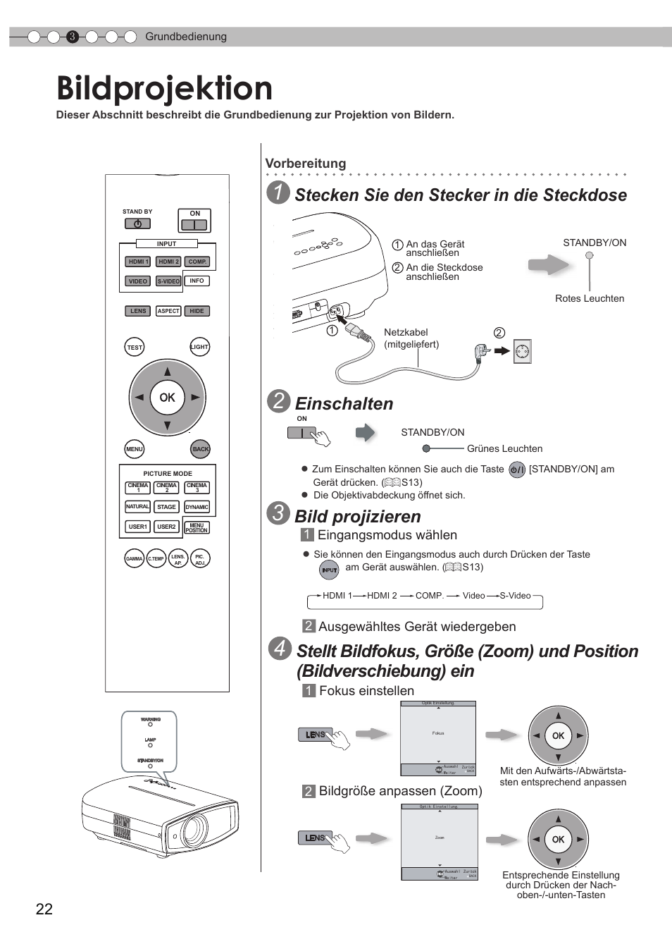 Grundbedienung, Bildprojektion, S22) | Netzkabelanschluss, Eingang umschalten, Objektivsteuerung, Eingangsmodus auswählen, Stecken sie den stecker in die steckdose, Einschalten, Bild projizieren | JVC DLA-HD550 User Manual | Page 22 / 175